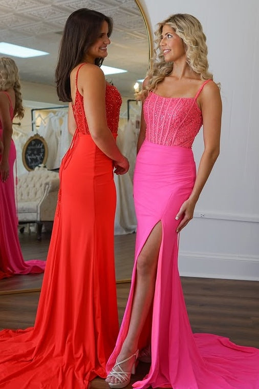 Spaghetti Straps Empire Two Tone Mermaid Prom Dress With Slit