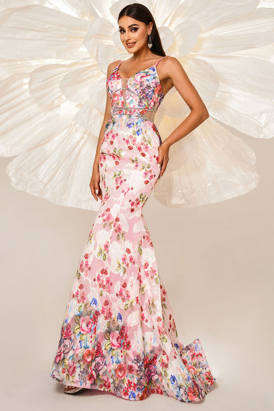 Spaghetti Straps Mermaid Floral Party Evening Dress