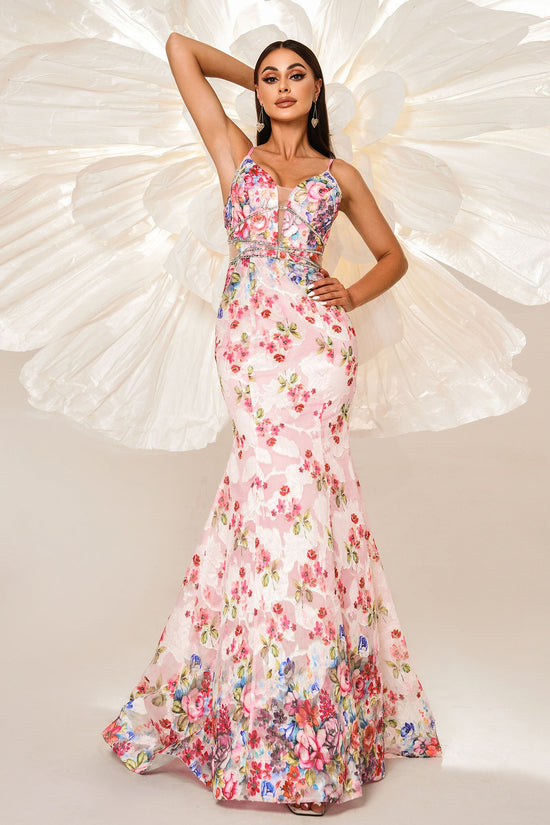 Spaghetti Straps Mermaid Floral Party Evening Dress