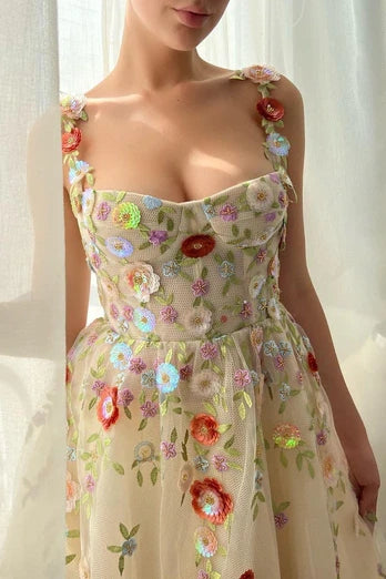 Spaghetti Straps Tulle A-Line 3D Floral Formal Prom Dress