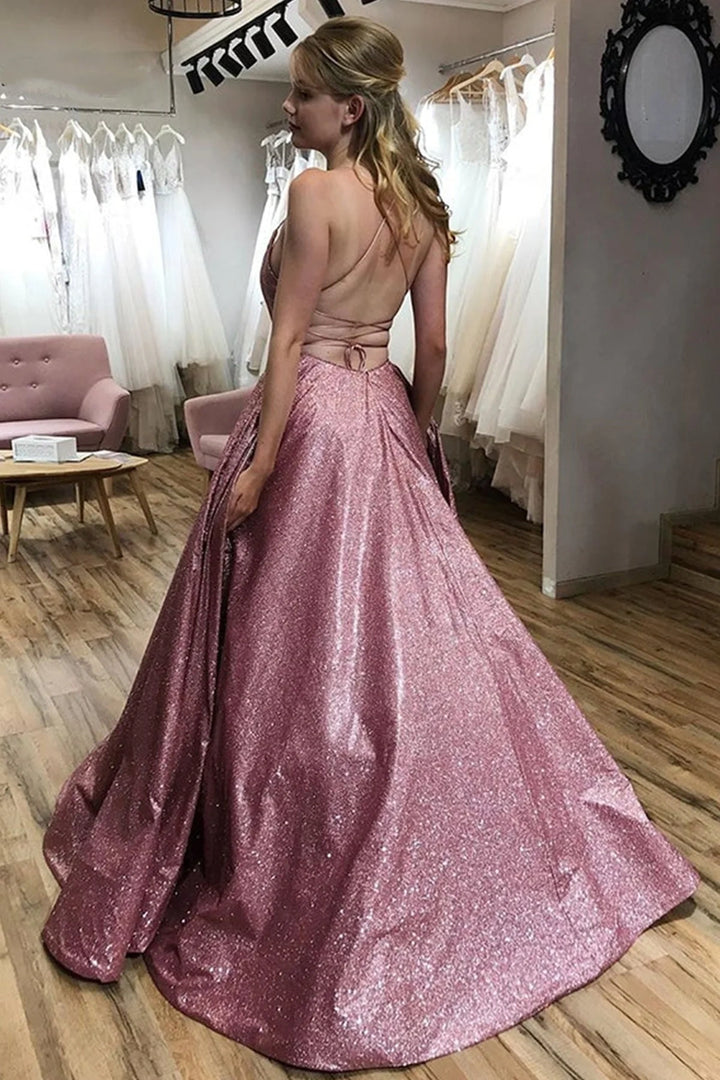 Sparkly Bateau A-Line Lace Up Party Prom Dress
