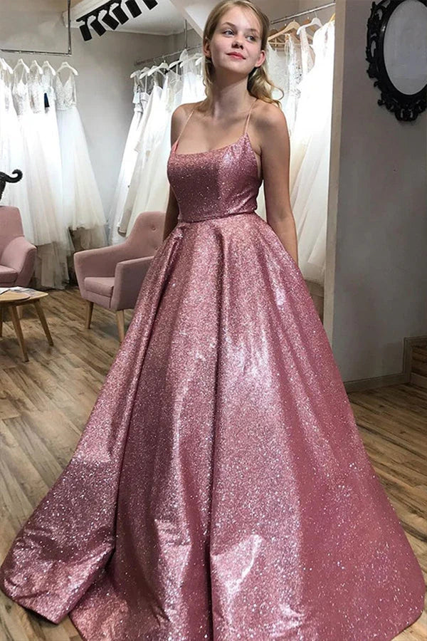 Sparkly Bateau A-Line Lace Up Party Prom Dress