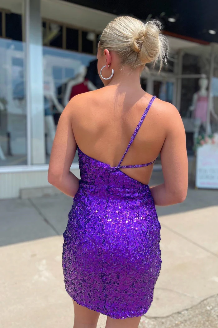 Sparkly Fitted One Shoulder Sequined Empire Short Party Homecoming Dress