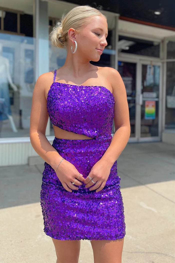 Sparkly Fitted One Shoulder Sequined Empire Short Party Homecoming Dress