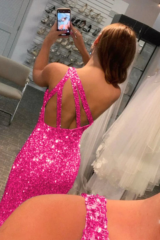 Sparkly Fitted One Shoulder Sleeveless Sequins Prom Dress