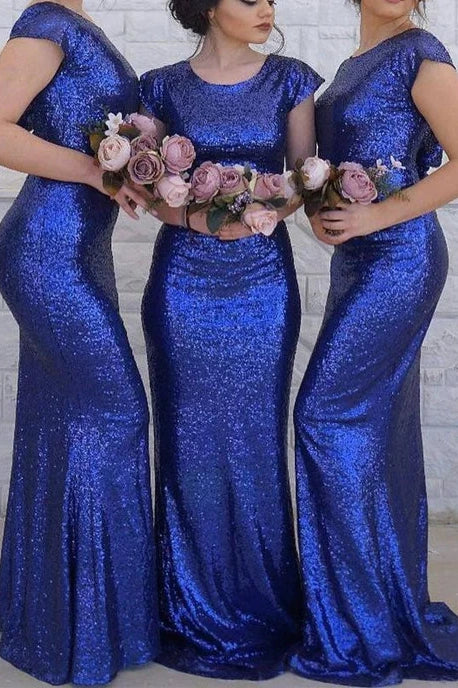 Round Cap Sleeveless With Train Sequins Bridesmaid Dress