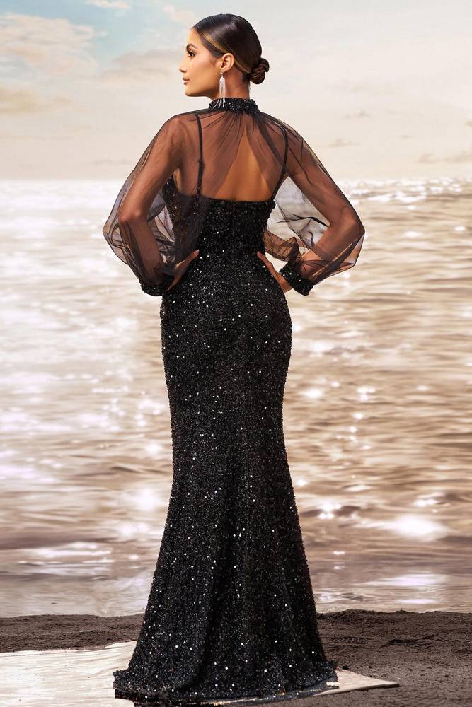 Sparkly High Neck Long Sleeves Mermaid Party Evening Dress