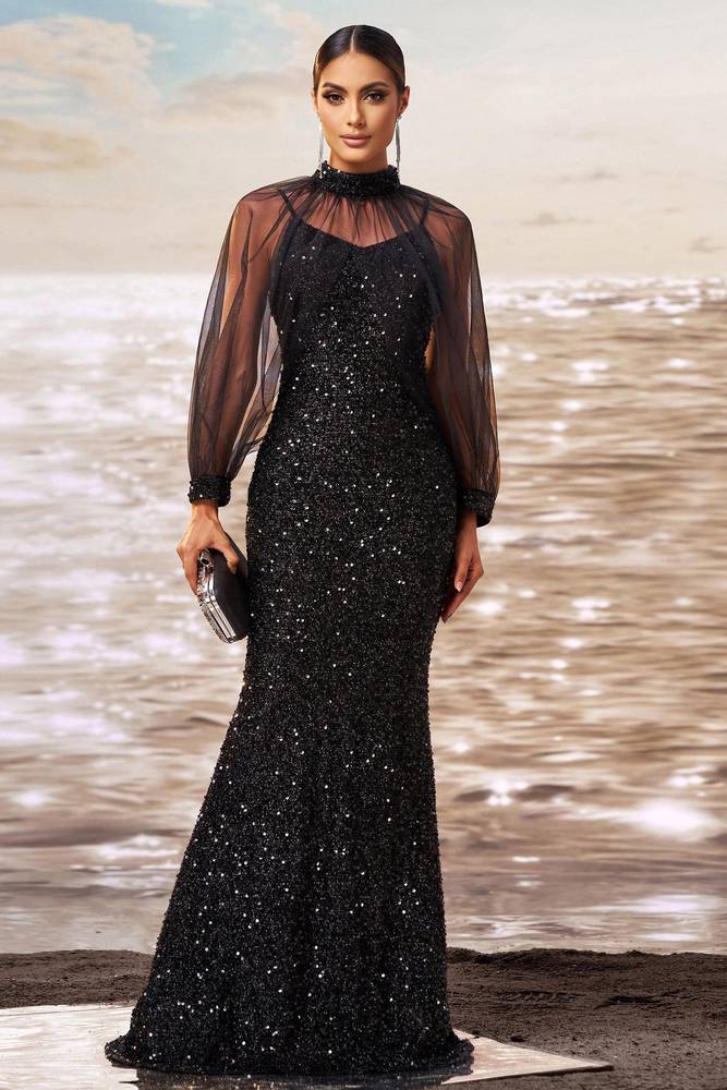 Sparkly High Neck Long Sleeves Mermaid Party Evening Dress