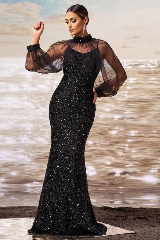 Sparkly High Neck Long Sleeves Mermaid Party Evening Dress