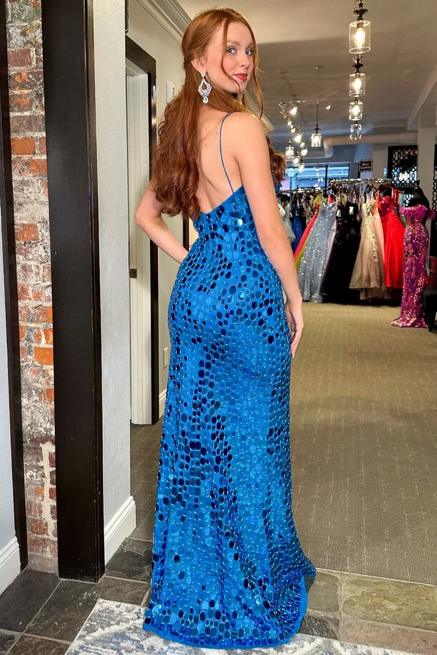 Sparkly Low V-Neck Open Back Fully Beaded Party Prom Dress With Slit