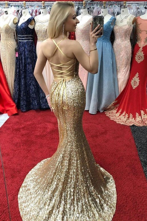 Sparkly Mermaid V-Neck Fully Gold Sequins Formal Party Dress