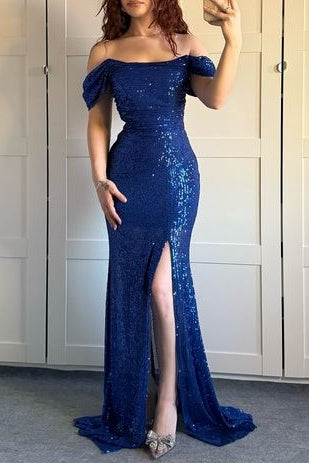 Sparkly Off-Shoulder Sleeveless Sequins Prom Dress With Side Slit