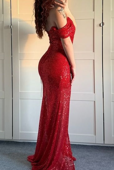 Sparkly Off-Shoulder Sleeveless Sequins Prom Dress With Side Slit