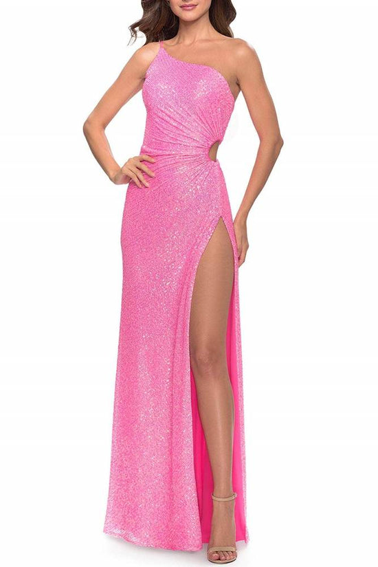 Sparkly One Shoulder Sleeveless Sequins With High Slit Prom Dress