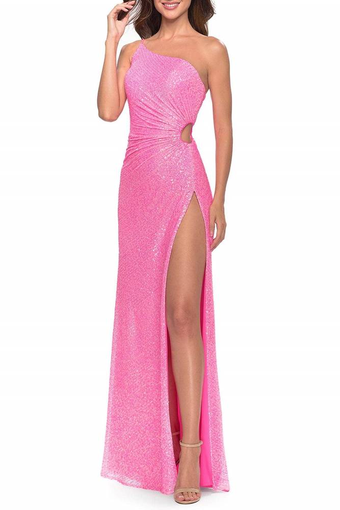 Sparkly One Shoulder Sleeveless Sequins With High Slit Prom Dress