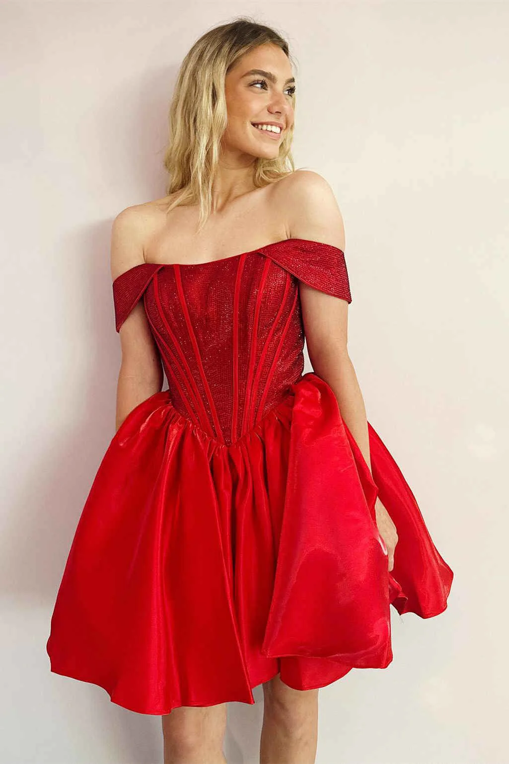 Sparkly Satin A-Line Off-Shoulder Beaded Homecoming Dress