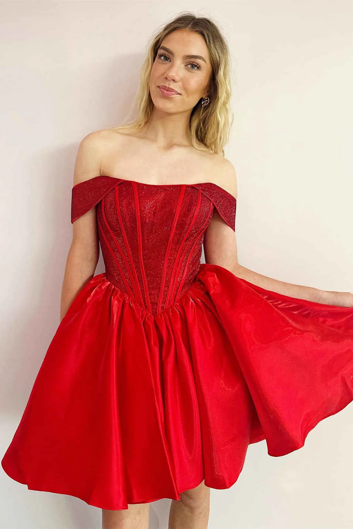 Sparkly Satin A-Line Off-Shoulder Beaded Homecoming Dress