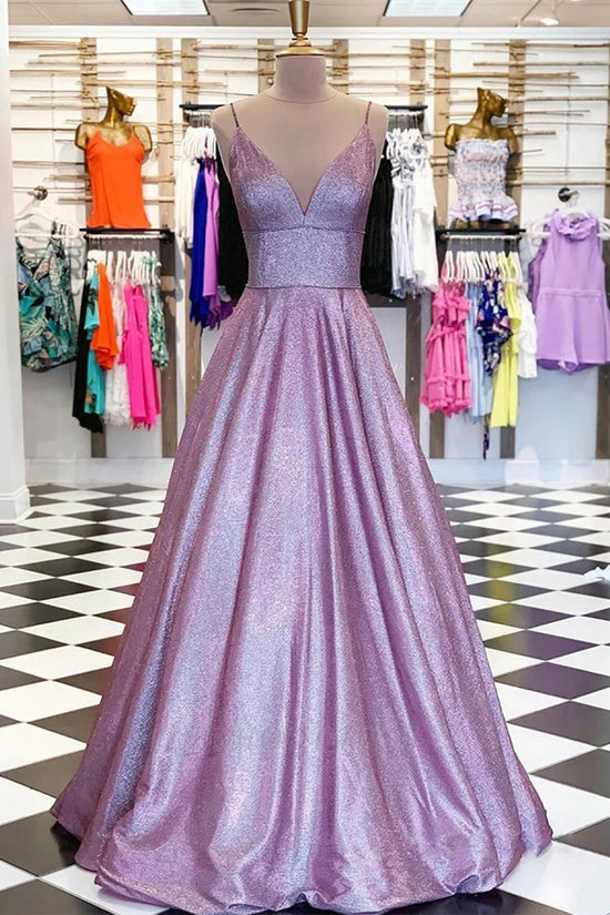 Sparkly Satin A-Line V-Neck Sleeveless Long Prom Dress