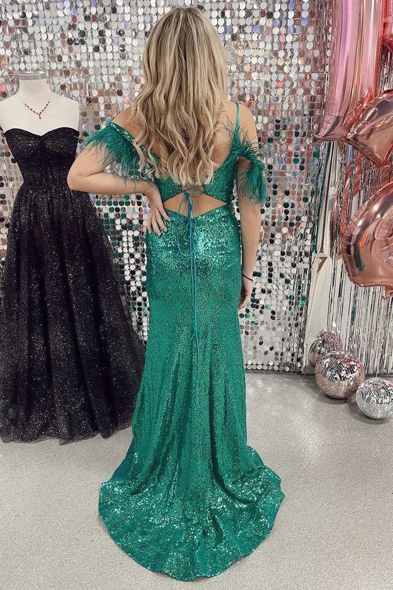 Sparkly Sequins Feathers Off-Shoulder With Side Slit Prom Dress