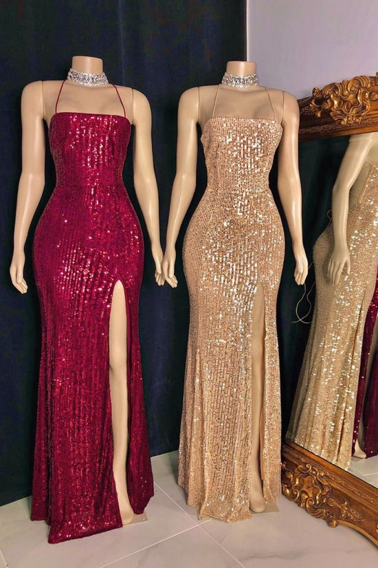 Sparkly Spaghetti Straps Sequins Mermaid Prom Dress With Side Slit