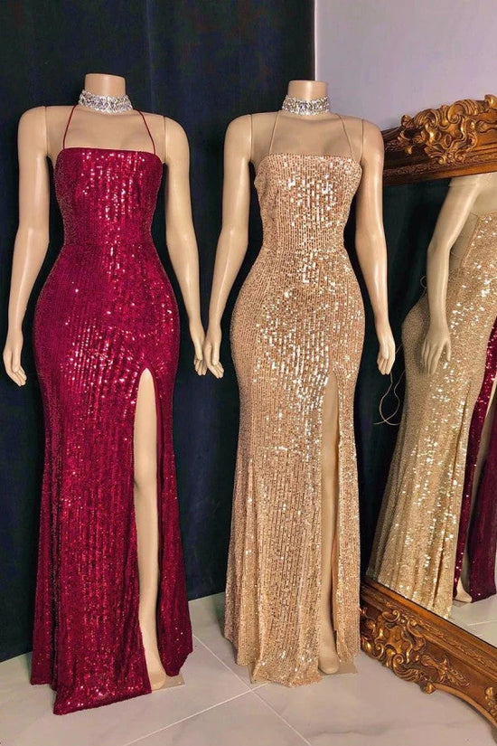 Sparkly Spaghetti Straps Sequins Mermaid Prom Dress With Side Slit