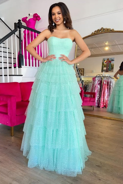 Sparkly Sweetheart Strapless Tulle A-Line Tiered Prom Dress