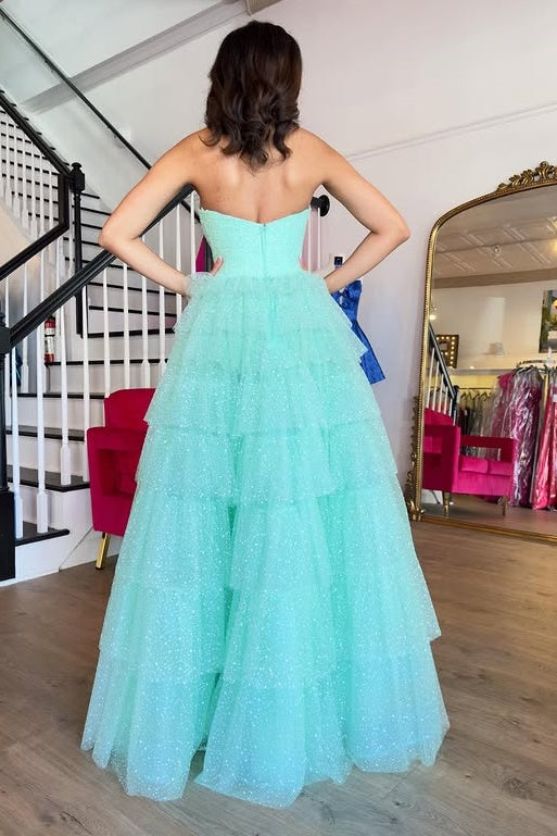 Sparkly Sweetheart Strapless Tulle A-Line Tiered Prom Dress