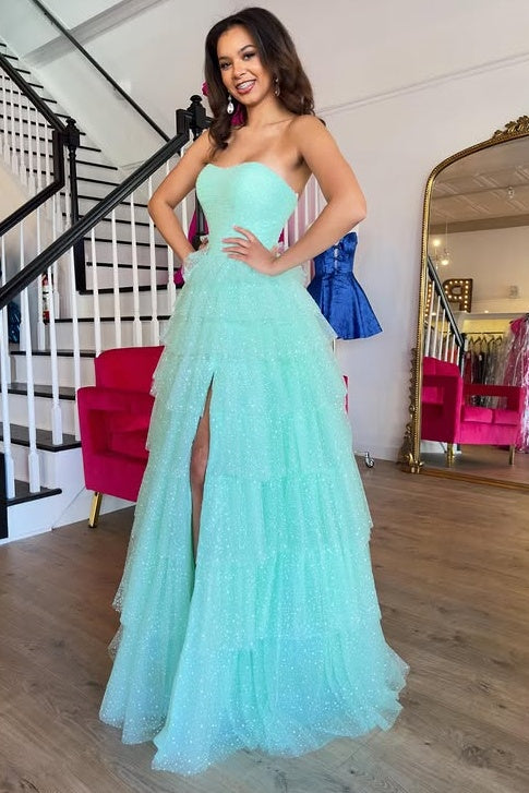 Sparkly Sweetheart Strapless Tulle A-Line Tiered Prom Dress