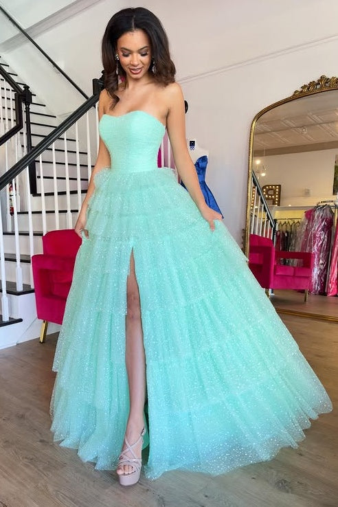 Sparkly Sweetheart Strapless Tulle A-Line Tiered Prom Dress