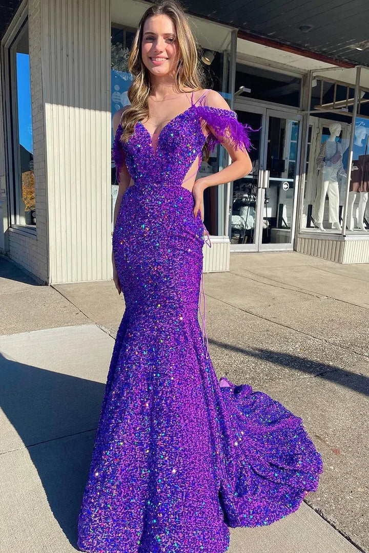 Sparkly Trumpet Off-Shoulder Lace Up Fully Sequins Prom Dress