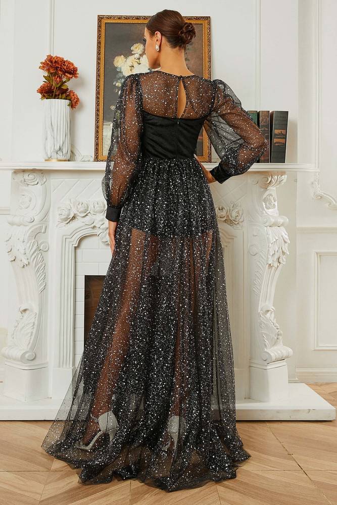 Sparkly Tulle A-Line Long Sleeves Party Evening Dress