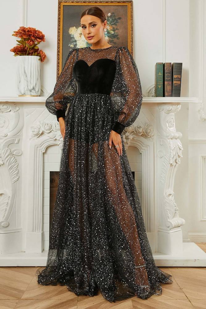 Sparkly Tulle A-Line Long Sleeves Party Evening Dress