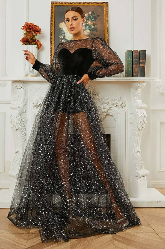 Sparkly Tulle A-Line Long Sleeves Party Evening Dress