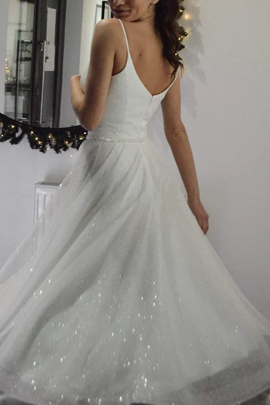 Sparkly Tulle A-Line V-Neck Spaghetti Straps  Summer Wedding Dress