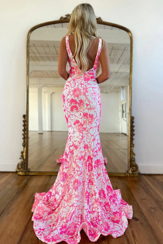 Sparkly V-Neck Open Back Fully Sequin Mermaid Party Prom Dress 