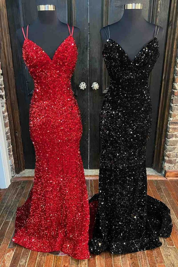 Sparkly V-Neck Sleeveless Mermaid Party Prom Dress With Train