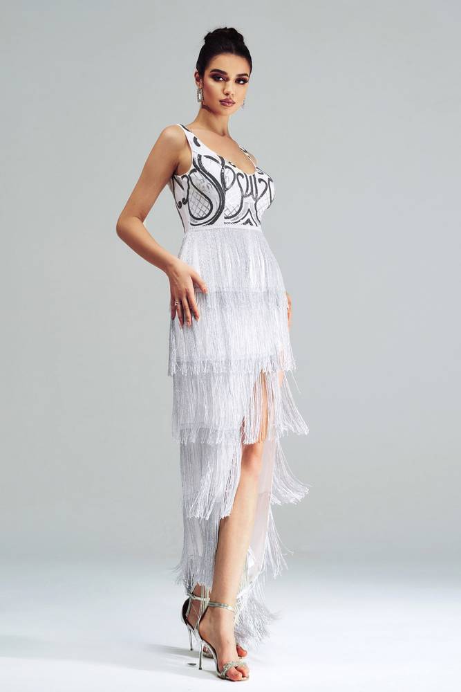 Sparkly V-Neck Sleeveless Tiered Fringe Party Evening Dress