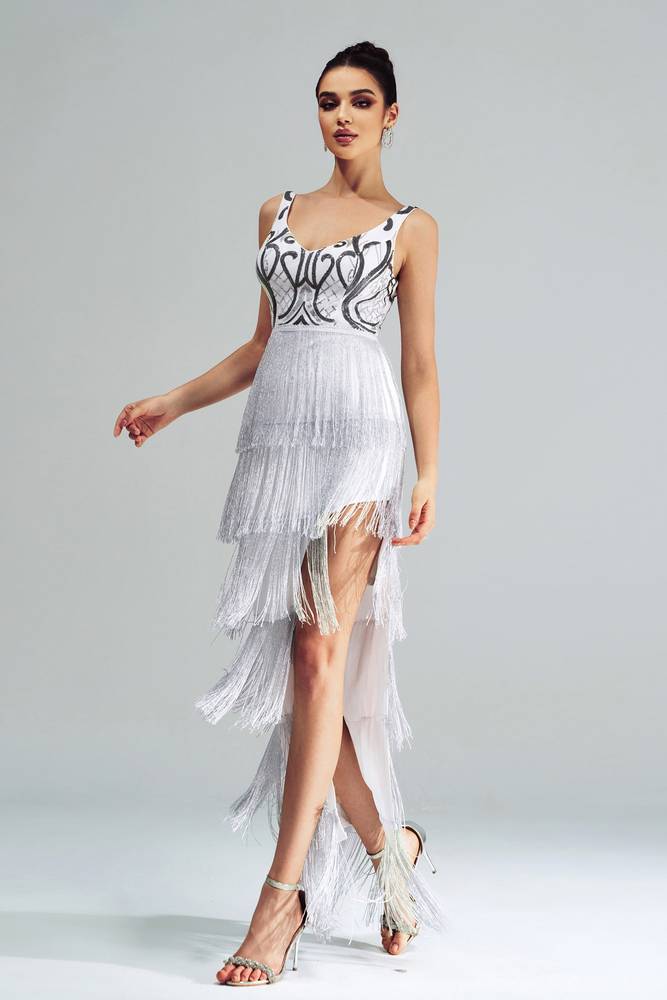 Sparkly V-Neck Sleeveless Tiered Fringe Party Evening Dress