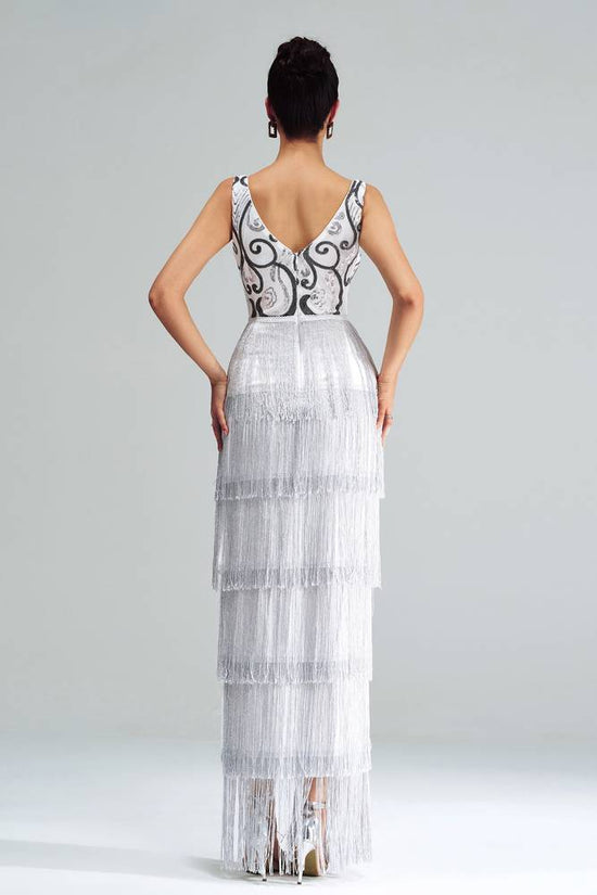 Sparkly V-Neck Sleeveless Tiered Fringe Party Evening Dress