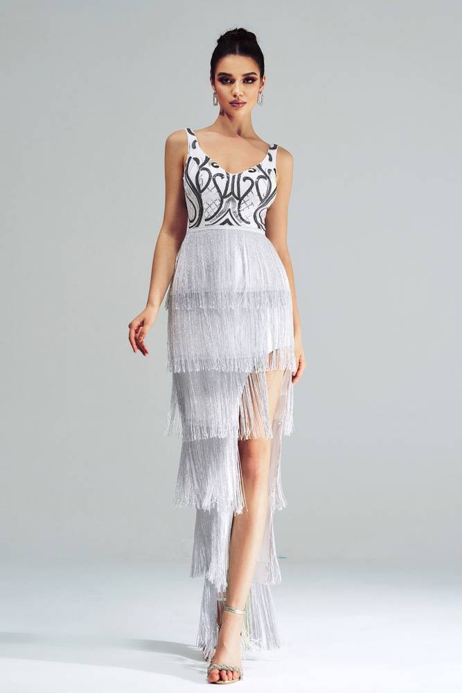 Sparkly V-Neck Sleeveless Tiered Fringe Party Evening Dress