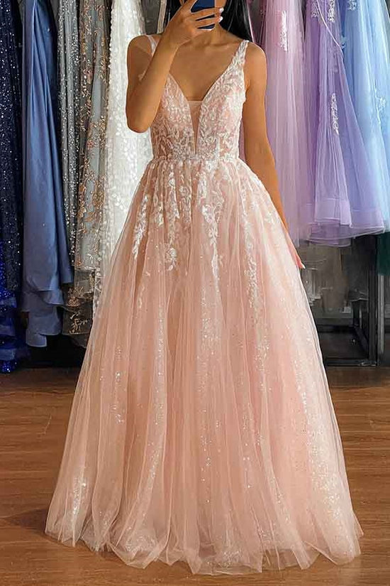 Sparkly V-Neck Sleeveless Tulle A-Line Appliques Prom Dress