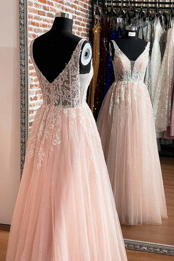 Sparkly V-Neck Sleeveless Tulle A-Line Appliques Prom Dress