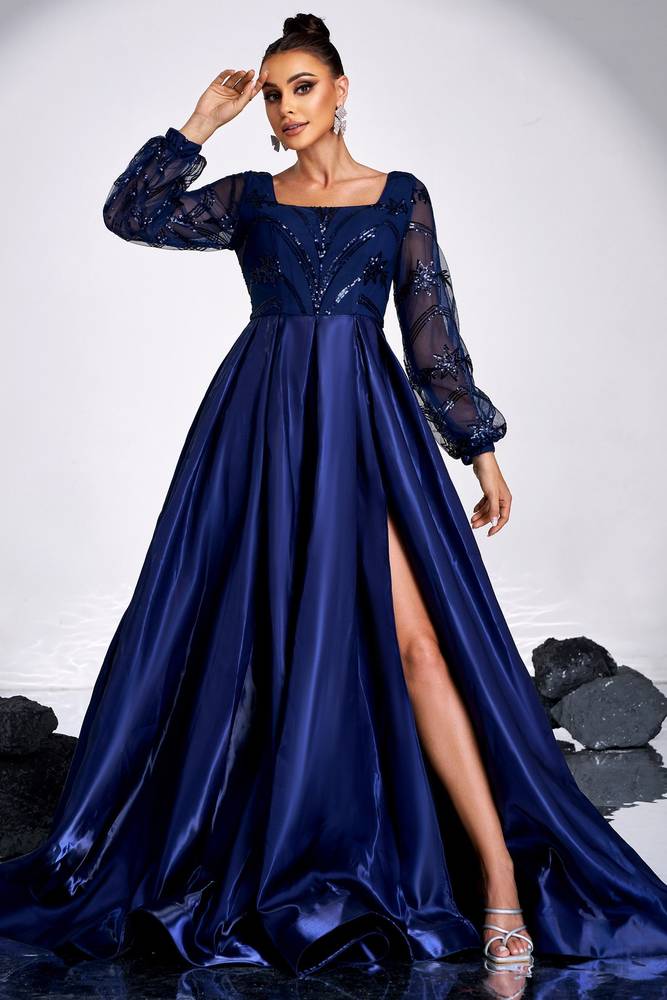 Square Long Sleeves A-Line Formal Evening Dress With Slit