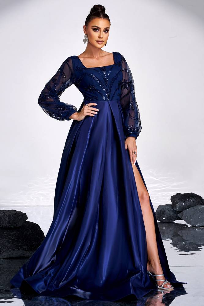 Square Long Sleeves A-Line Formal Evening Dress With Slit