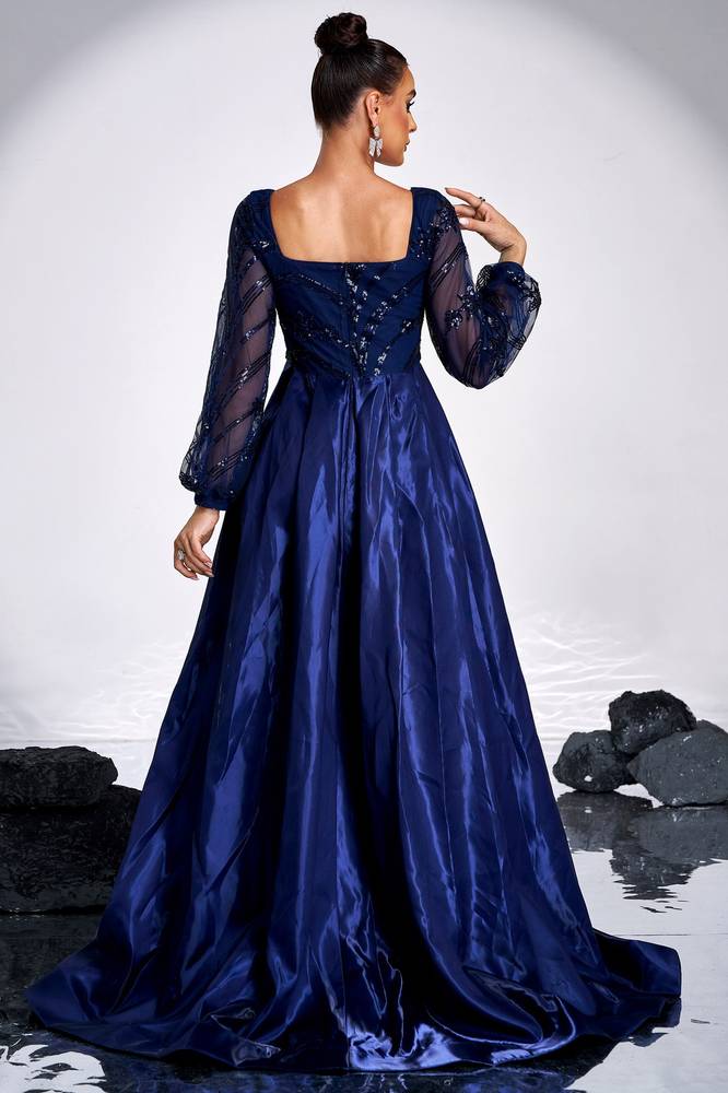 Square Long Sleeves A-Line Formal Evening Dress With Slit