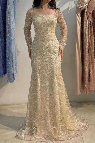 Square Long Sleeves Sequins Mermaid Formal Prom Dress