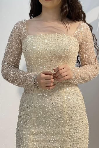 Square Long Sleeves Sequins Mermaid Formal Prom Dress