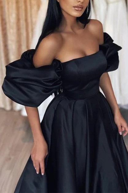 Square Puff Short Sleeves Empire Satin A-Line Prom Dress