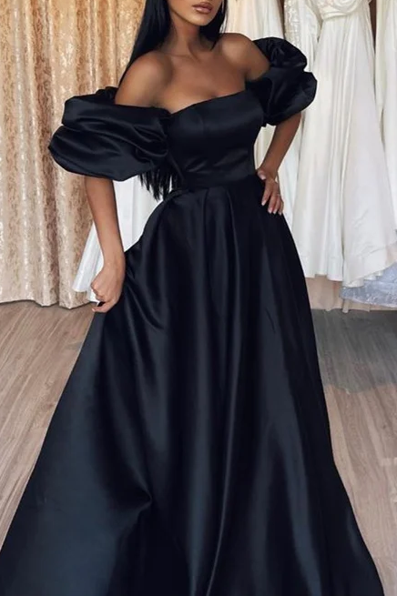 Square Puff Short Sleeves Empire Satin A-Line Prom Dress