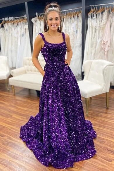 Square Sleeveless Empire Sequins A-Line Prom Dress